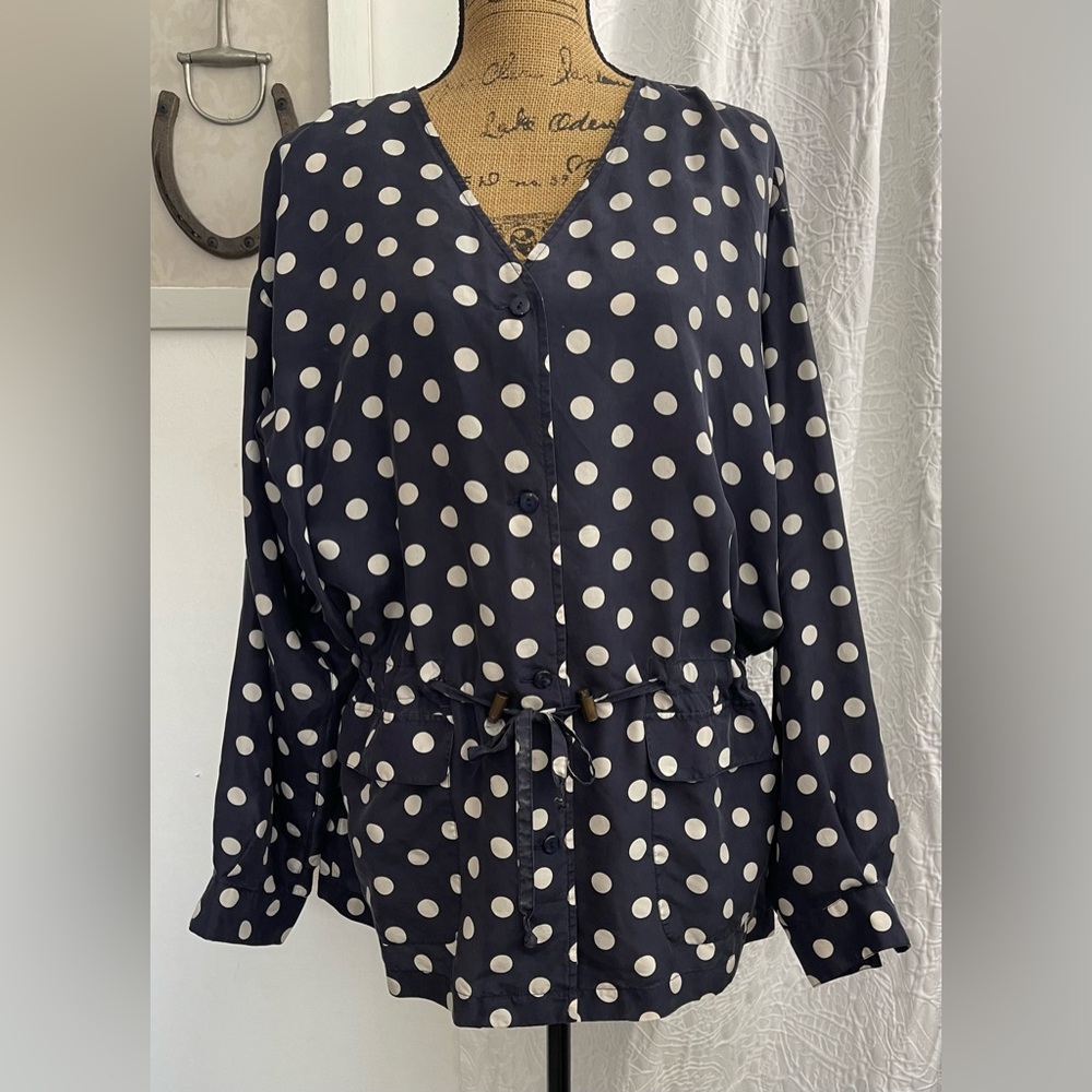 Paris Sport Club 100% Silk Blouse Polka Dots Adjustable Waist Size L